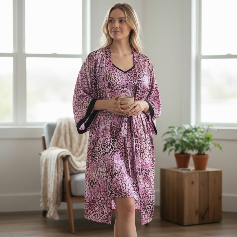 Joyspun Lingerie Set Chemise/Slip‎ & Robe L-XL Pink Burgundy Animal Print 316D